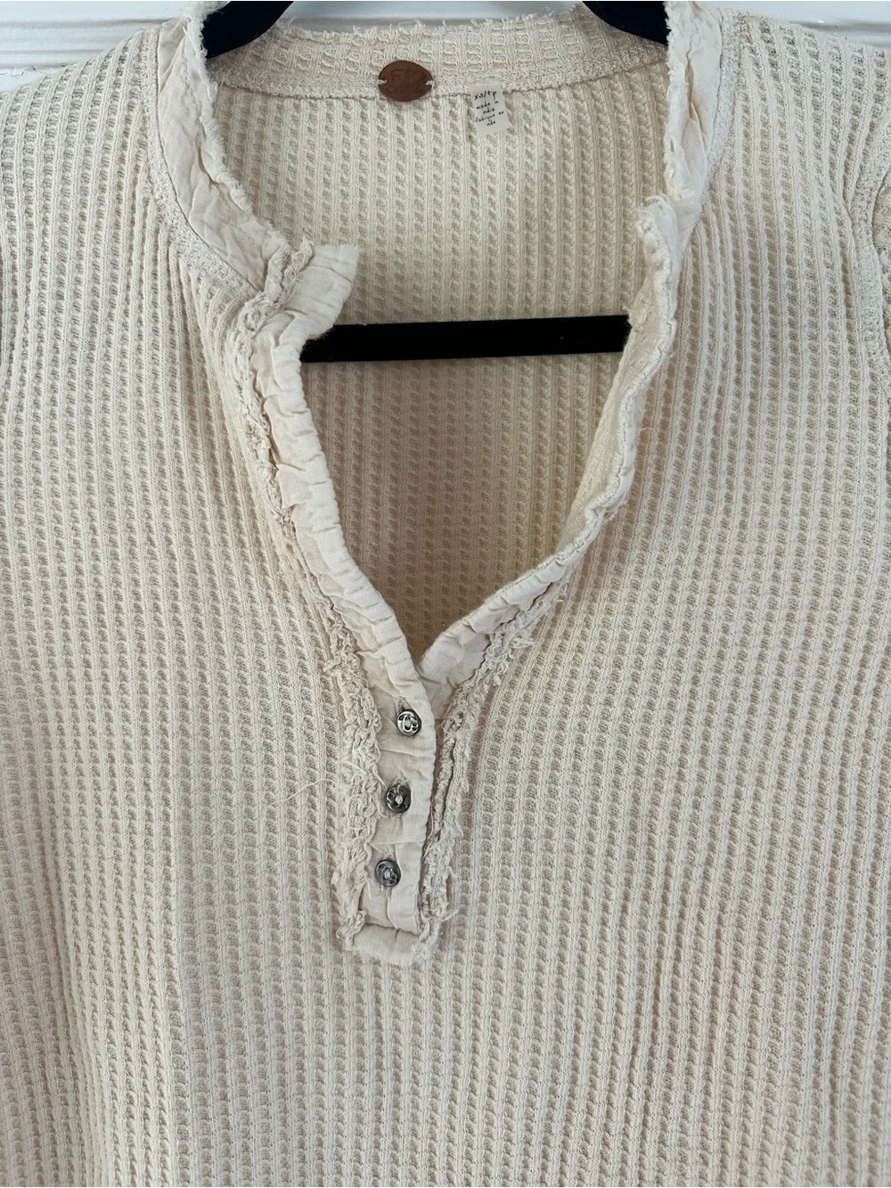Free People Cream Henley Waffle Knit Long-Sleeve Top
